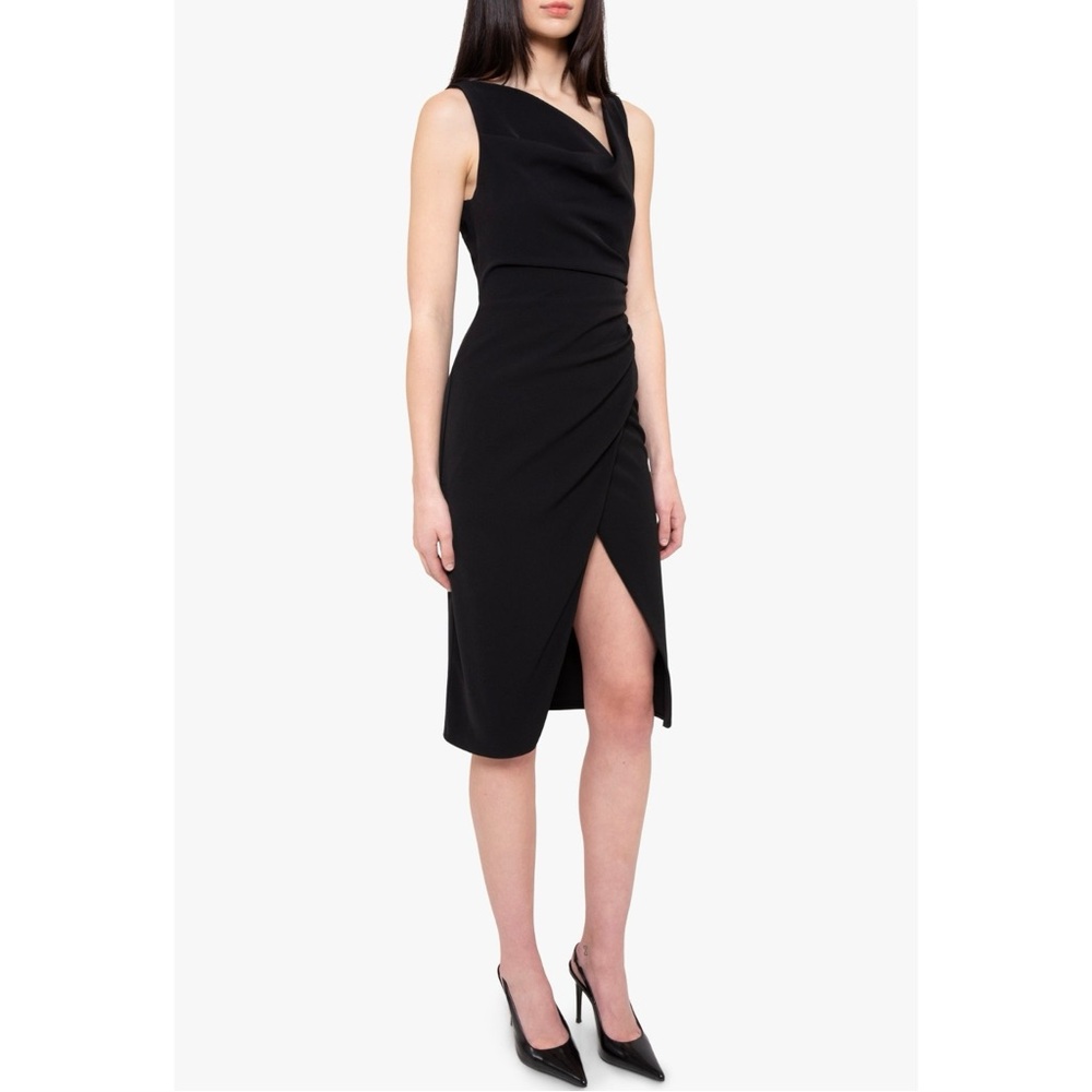 BLACK HALO Black Asymmetrical Neck Front Slit Sleeveless Midi Dress sz 2